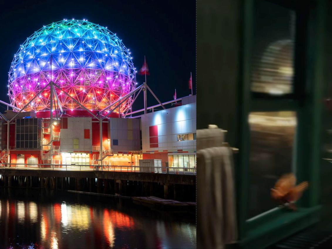  Left, Vancouver’s Science World, and right, a grab from the video The Fate of Ophelia.